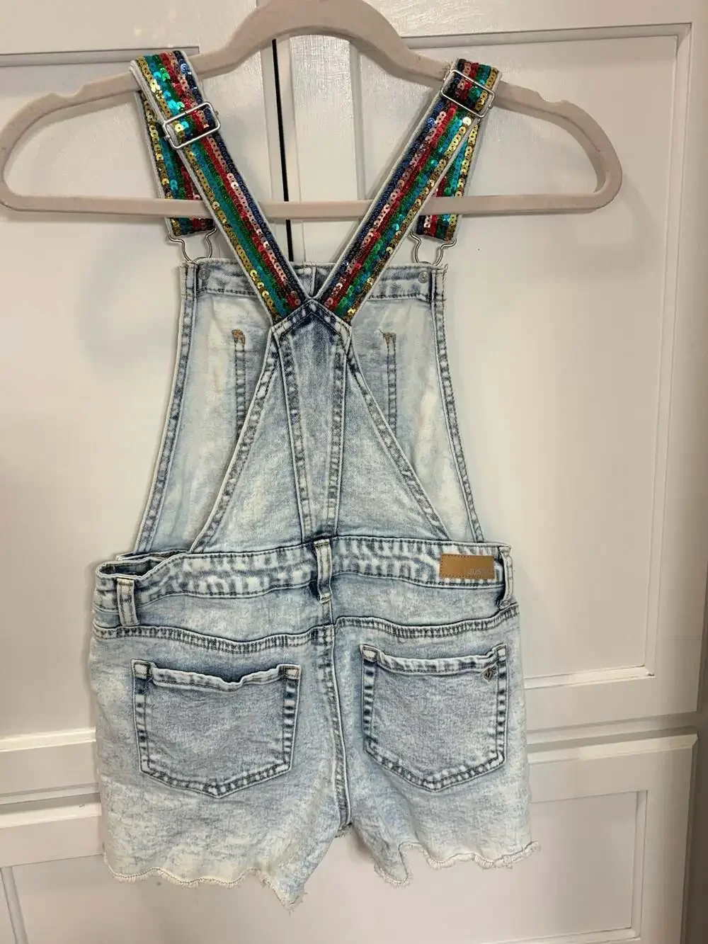 Justice x Jelly Belly Girls Denim Shortalls Rainbow Sequin Straps Size 14
